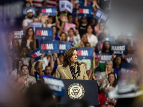 Vice President Kamala Harris speaks to the crowd during her presidential campaign rally at the Desert Diamond Arena in Glendale, Ariz., on Aug. 9, 2024.