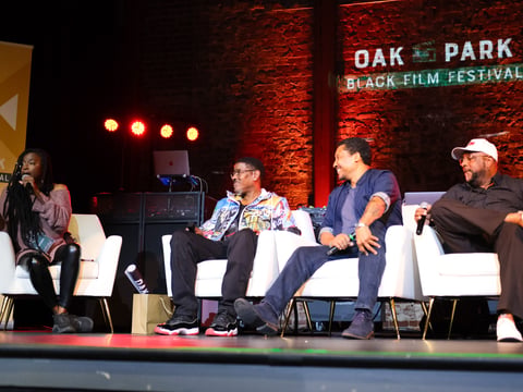 From left: CR Capers of Harlem Film House; musician, actor and comedian Christopher Martin; actor and film producer Khalil Kain; and DJ, promoter, former member of World Class Wreckin’ Cru Alonzo Williams at the 2023 Oak Park Black Film Festival.