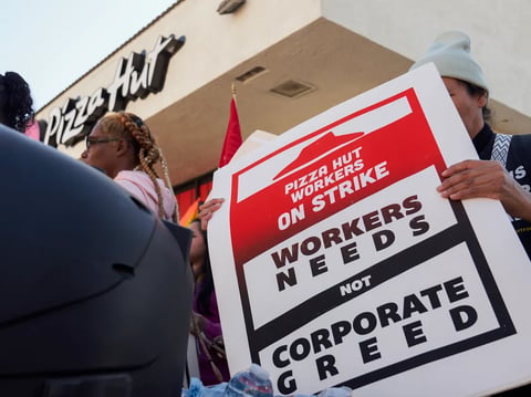 Pizza Hut employees strike to protest ongoing wage theft and abusive scheduling practices in Los Angeles on Jan. 26, 2024.