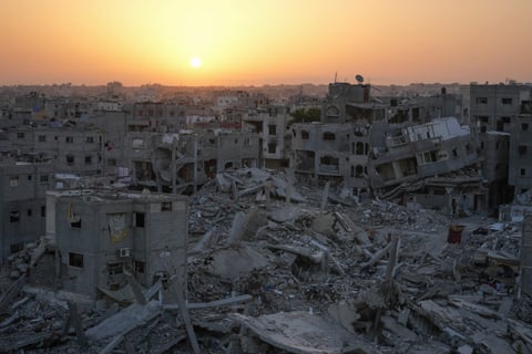 Destruction left by the Israeli air and ground offensive is seen in Khan Younis, Gaza Strip, Friday, Sept. 13, 2024.