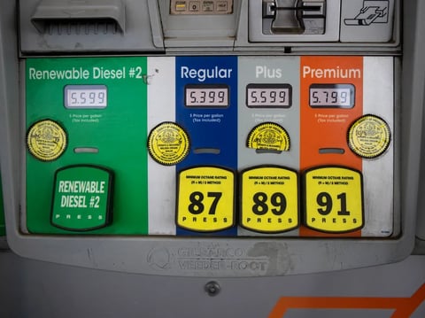 Gas prices at a filling station in west Fresno on May 7, 2024.