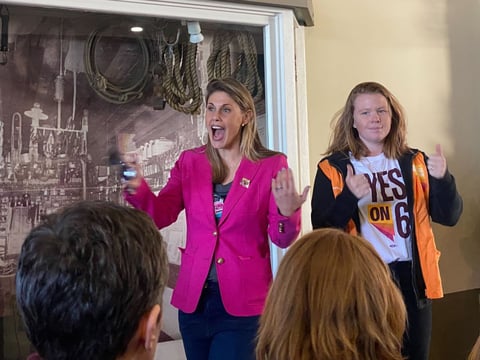 Maggy Krell, who is running for California's Assembly District 6, campaigns for Nevada's Question 6 in Reno on Sunday, Oct. 20, 2024.