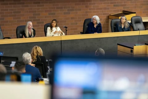 Jennie Skelton, partner and co-founder at Politicom Law LLP, far left, talks during a panel discussion at an event marking the 50th anniversary of the creation of California's Fair Political Practices Commission Sept. 11, 2024.