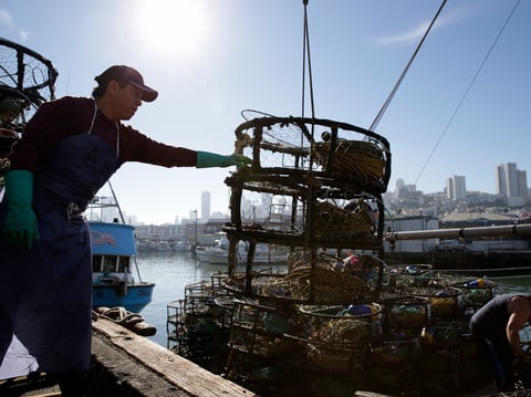 Abel Mata loads crab pots onto the boat Oceanic at Fisherman's Wharf Wednesday, Nov. 13, 2013, in San Francisco.