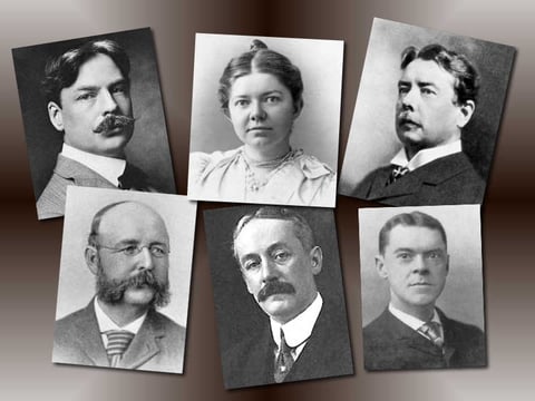 Top: Edward MacDowell, Amy Beach, George Chadwick. Bottom: John Knowles Paine, Horatio Parker, Arthur Foote.