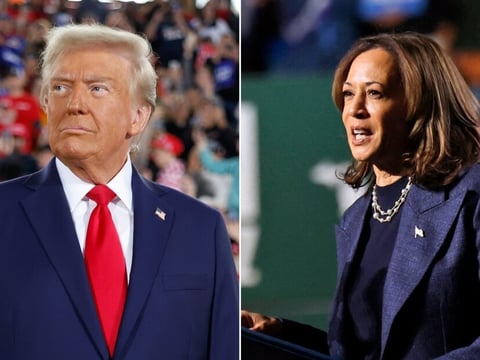 Left: Former U.S. President Donald Trump takes the stage during a campaign rally on Nov. 4., in Raleigh, N.C. Right: US Vice President and Democratic presidential nominee Kamala Harris speaks during a campaign rally in East Lansing, Mich., on Nov. 3.