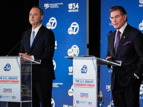 U.S. Senate candidates Rep. Adam Schiff, left, and Republican Steve Garvey, participate in a debate in Glendale on Oct. 8, 2024.