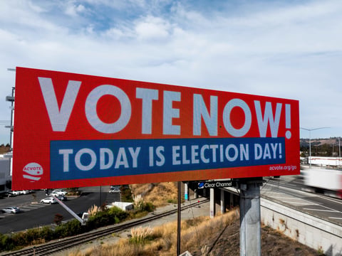 A billboard urges drivers to vote on Election Day in Union City, Calif., on Tuesday, Nov. 5, 2024.