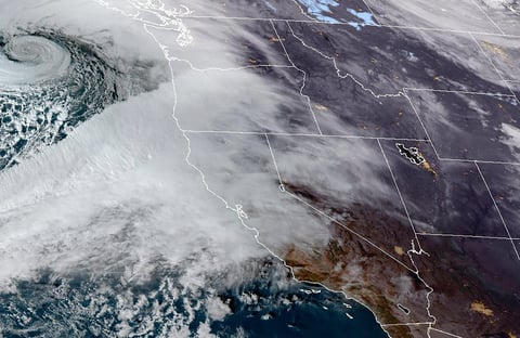 This Nov. 19, 2024 satellite image provided by the National Oceanic and Atmospheric Administration shows an atmospheric river moving in on Northern California and the Pacific Northwest.