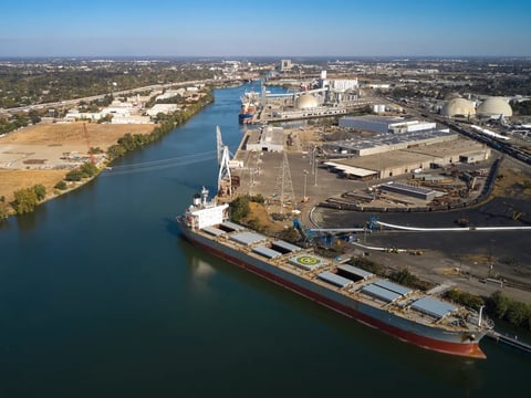 An aerial view of the Port of Stockton. An invasive species of mussel from Asia has been found near the port and in several other locations in the San Joaquin Valley. The mussels were likely discharged in ships' ballast water.