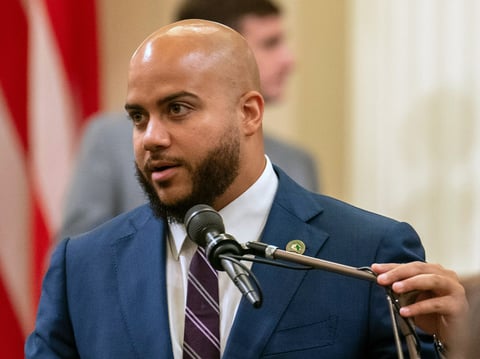 Assembly member Isaac Bryan, D-Los Angeles, speaks on a bill at the Capitol in Sacramento, Calif., Sept. 12, 2023.