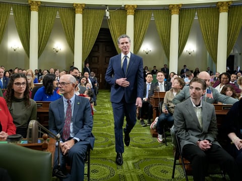 California Gov. Gavin Newsom walks to the dais of the State Assembly during the assembly's Organizational Session in Sacramento, Calif., Monday, Dec. 2, 2024.