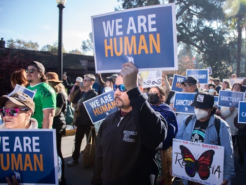 Immigrant rights advocates and supporters participate in a rally Monday, Dec. 2, 2024, at the State Capitol in Sacramento.