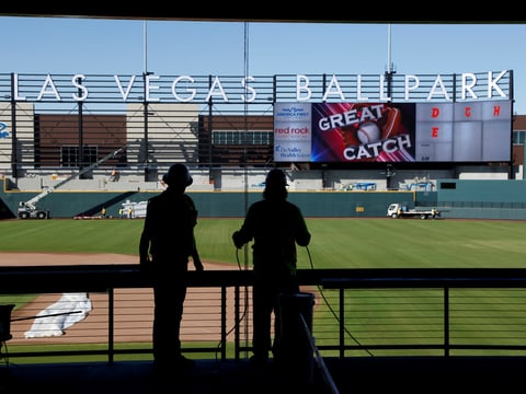 Workers continue construction on a new baseball park in Las Vegas, March 28, 2019.