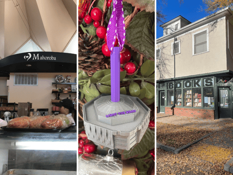 From left to right: Mahoroba Japanese Bakery, "Light the beam" ornament, and Amatoria Fine Art Books.