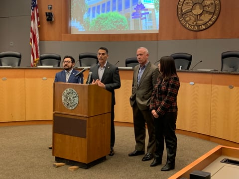Sacramento Council member Eric Guerra,  Director of City of Sacramento Community Response Brian Pedro, Mayor Darrell Steinberg, and Councilmember Karina Talamantes speak at a press conference about CARE Court on December 9, 2024.