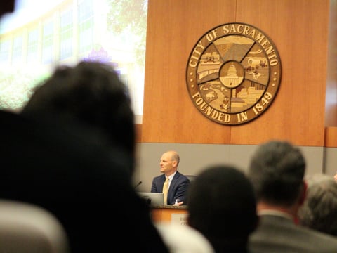 Kevin McCarty sits at the dais after being sworn in as Sacramento's 57th mayor on Dec. 10, 2024 at Sacramento City Hall.