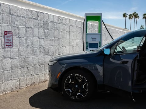 A car is charged at an Electrify America charging station in El Centro. The US EPA today authorized California's zero-emission car mandate that phases out gas-powered cars.