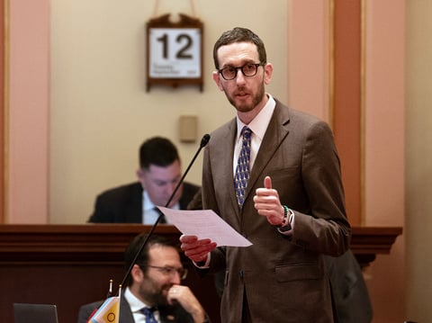 State Sen. Scott Wiener, D-San Francisco, calls for passage of his climate bill during the Senate session at the Capitol in Sacramento, Calif., Tuesday, Sept. 12, 2023.