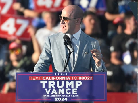 Stephen Miller speaks at a campaign rally for Republican presidential nominee former President Donald Trump at the Calhoun Ranch, Saturday, Oct. 12, 2024, in Coachella, Calif.