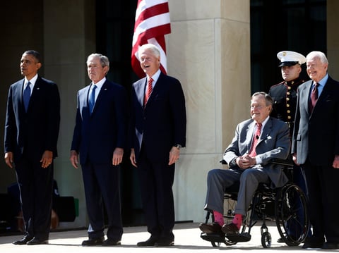 President Barack Obama, from left, stands with former Presidents George W. Bush, Bill Clinton, George H.W. Bush and Jimmy Carter at the dedication of the George W. Bush Presidential Library in Dallas, Texas, April 25, 2013.