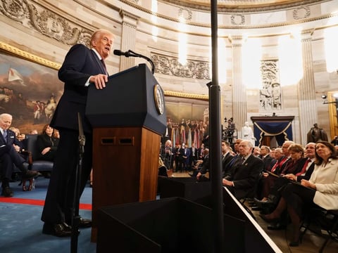 President Trump speaks during the presidential Inauguration on Monday.