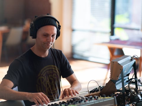 Program Manager Buddy Hale tests a few synthesizers in MusicLandria’s Makerspace on Thursday, Jan. 9. MusicLandria members can access the maker space to experiment and record music with various instruments.