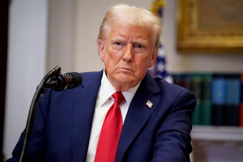 U.S. President Donald Trump takes a question from a reporter during a news conference in the Roosevelt Room of the White House in Washington, D.C., on Jan. 21, 2025.