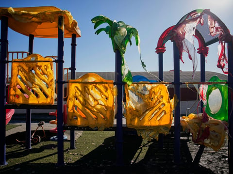 A jungle gym melted and destroyed by the Eaton Fire is seen at a school, Jan. 15, 2025, in Altadena, Calif.