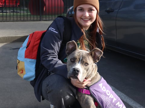 Abby Payne, the volunteer program coordinator poses with Missy the pit bull mix as she returns to the shelter Wednesday Feb. 13, 2025.