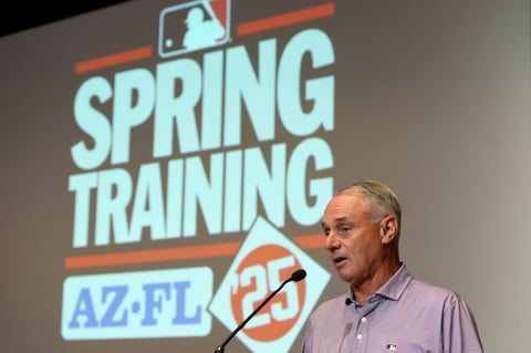 MLB Commissioner Rob Manfred speaks during a news conference Tuesday, Feb. 18, 2025, in Phoenix.
