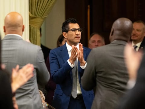 Assembly Speaker Robert Rivas claps during the first day of the new legislative session at the state Capitol in Sacramento on Dec. 2, 2024. Rivas has made affordability a top priority for the Legislature this year.