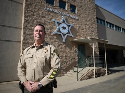 Amador County Sheriff Gary Redman in front of the sheriff’s department in Jackson on Feb. 21, 2025.