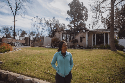 In the Pasadena neighborhood where Michelle Hollis cares for a patient, homes across the street were devastated by the Eaton Fire, Feb. 3, 2025.