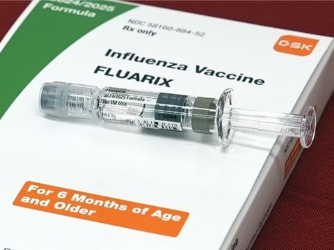 A flu vaccine is displayed at a pharmacy in New York, on Tuesday, Sept. 24, 2024.