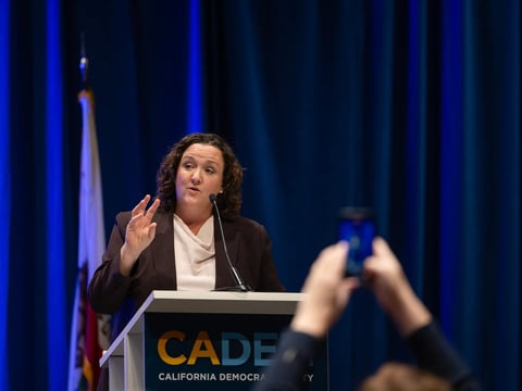Then-U.S. Rep. Katie Porter, a Democrat from California, addresses the Women's Caucus at the Democratic Party convention in Sacramento on Nov. 17, 2023.