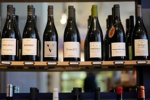 Bottles of European wines are displayed at DECANTsf Bottle Shop and Bar in San Francisco, Thursday, March 13, 2025.
