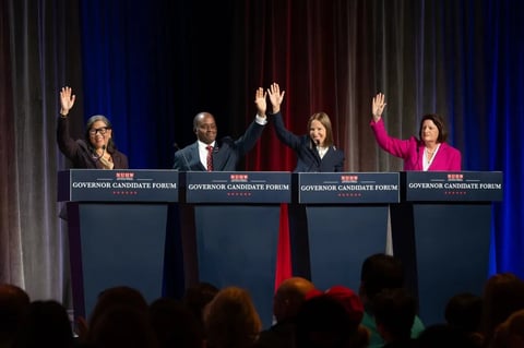 Left to right, former state Controller Betty Yee, state Superintendent of Public Instruction Tony Thurmond, Lt. Gov. Eleni Kounalakis and state Sen. Toni Atkins during a governor candidate forum hosted by the National Union of Healthcare Workers.