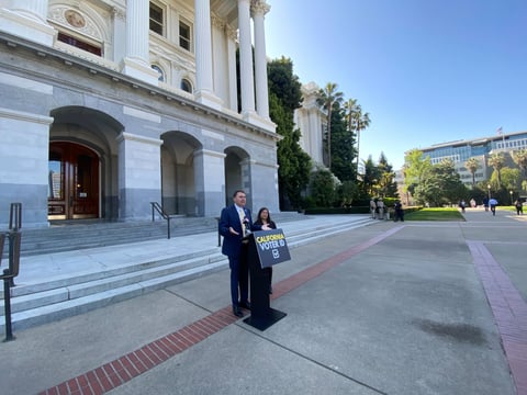 Republican Assemblymembers Carl DeMaio and Leticia Castillo call for statewide voter ID laws outside the state Capitol. April 9, 2025.