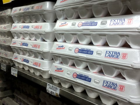 This July 6, 2016 photos shows foam egg cartons displayed on a shelf at a market in San Francisco.