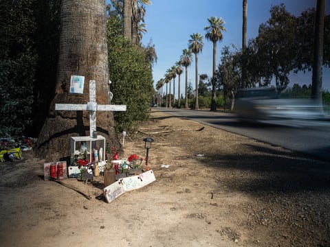 A memorial for car accident victims on a roadside outside Fresno on March 20, 2025.