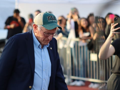 Senator Bernie Sanders walks up to address the crowd at the “Fighting Oligarchy” tour stop in Folsom on Tuesday, April 15, 2025.