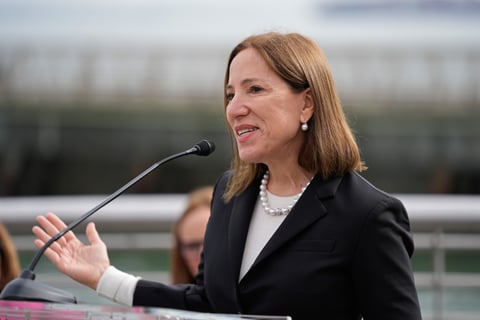 California Lt. Gov. Eleni Kounalakis during a news conference to address sea level rise along the city's waterfront in San Francisco, Friday, Jan. 26, 2024.