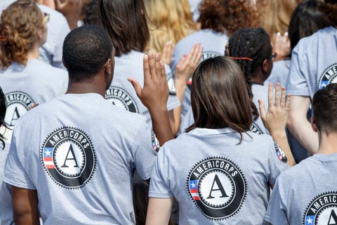 President Barack Obama & former President Bill Clinton mark the 20th anniversary of the AmeriCorps national service program, hundreds of new volunteers are sworn in for duty at a ceremony, Friday, Sept. 12, 2014, on the South Lawn of the White House.
