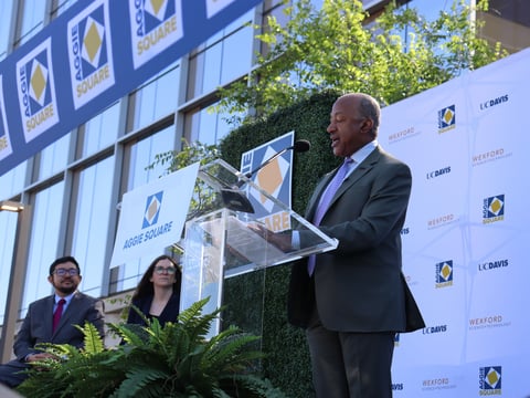 UC Davis Chancellor Gary May addresses the crowd during the Aggie Square unveiling on Friday, May 2, 2025.