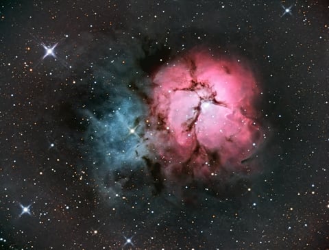 An image of the Trifid Nebula, also known as Messier 20, photographed at the Community Observatory in Placerville.