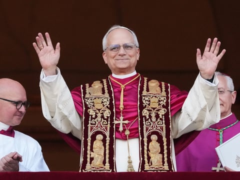 Pope Leo XIV appears on the central loggia of St. Peter's Basilica after being chosen the 267th pontiff of the Roman Catholic Church, at the Vatican, Thursday, May 8, 2025.