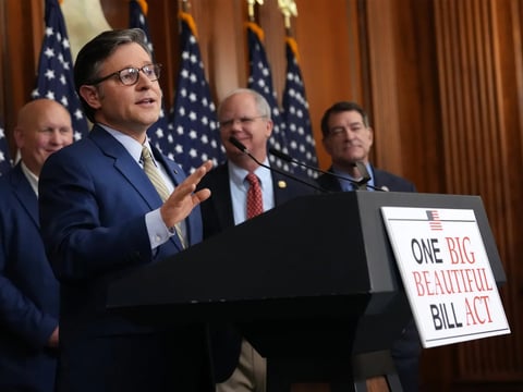 Speaker Mike Johnson talks at a news conference after the House of Representatives narrowly passed the "One Big Beautiful Bill,” on May 22.