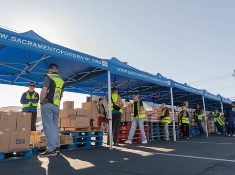 The distribution line at the Sacramento Food Bank and Family Services in the Arden-Arcade area of Sacramento on March 25, 2025.