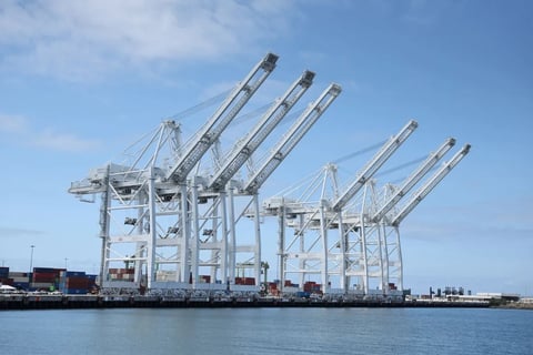 Dock cranes rest unused at the Port of Long Beach on May 5, 2025.
